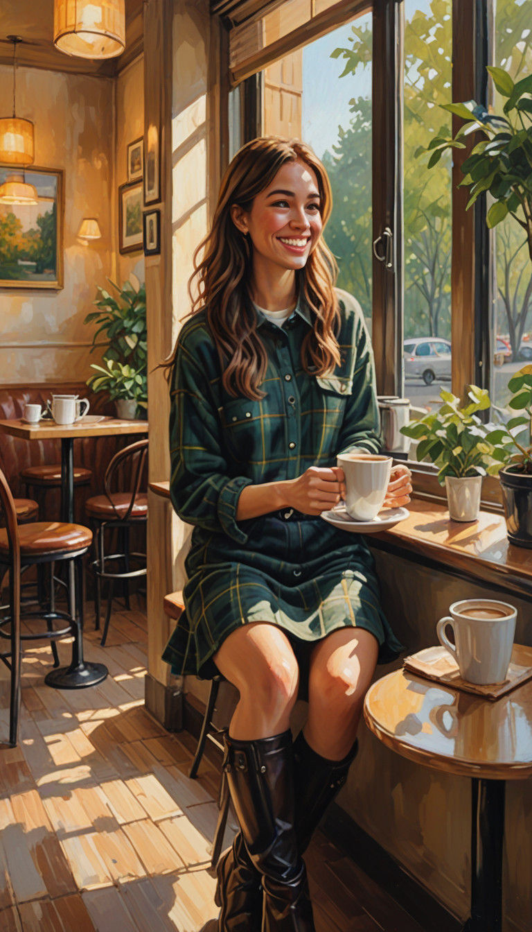 Young Woman in Cozy Café, Whimsical Oil Painting
