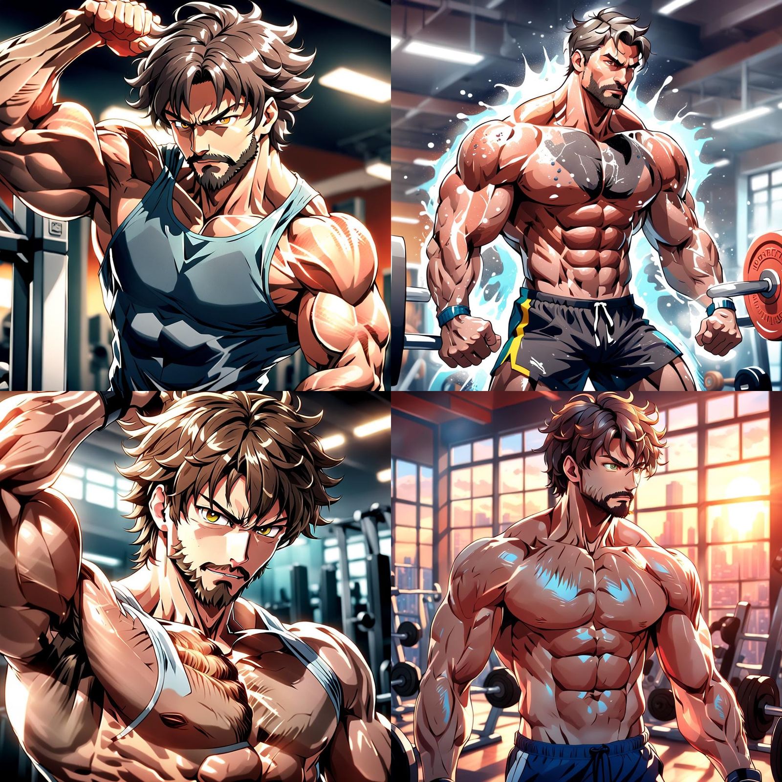 Anime Man Flexing Muscles at the Gym