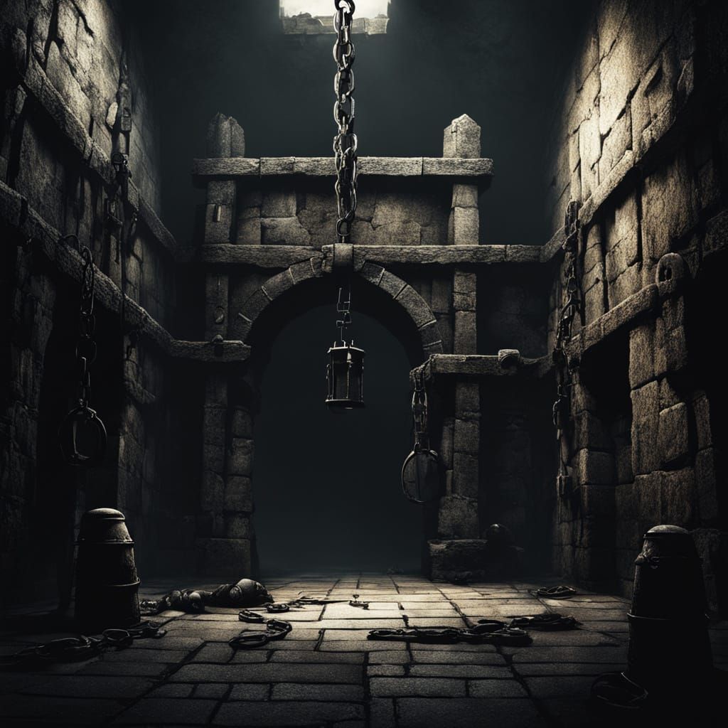 Gothic Dungeon Cell with Pillories, Dark Fantasy Art