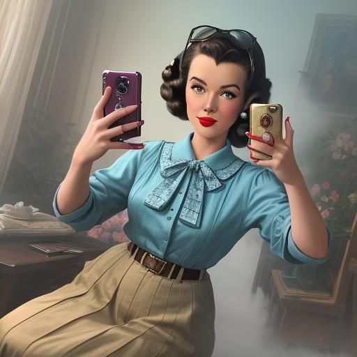 1940s Pin-Up Girl with Cellphone in Ethereal Style