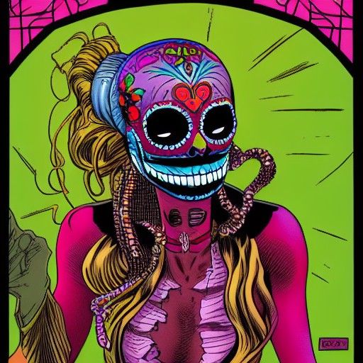 Voodoo Woman with Sugar Skull Mask in Moebius Style