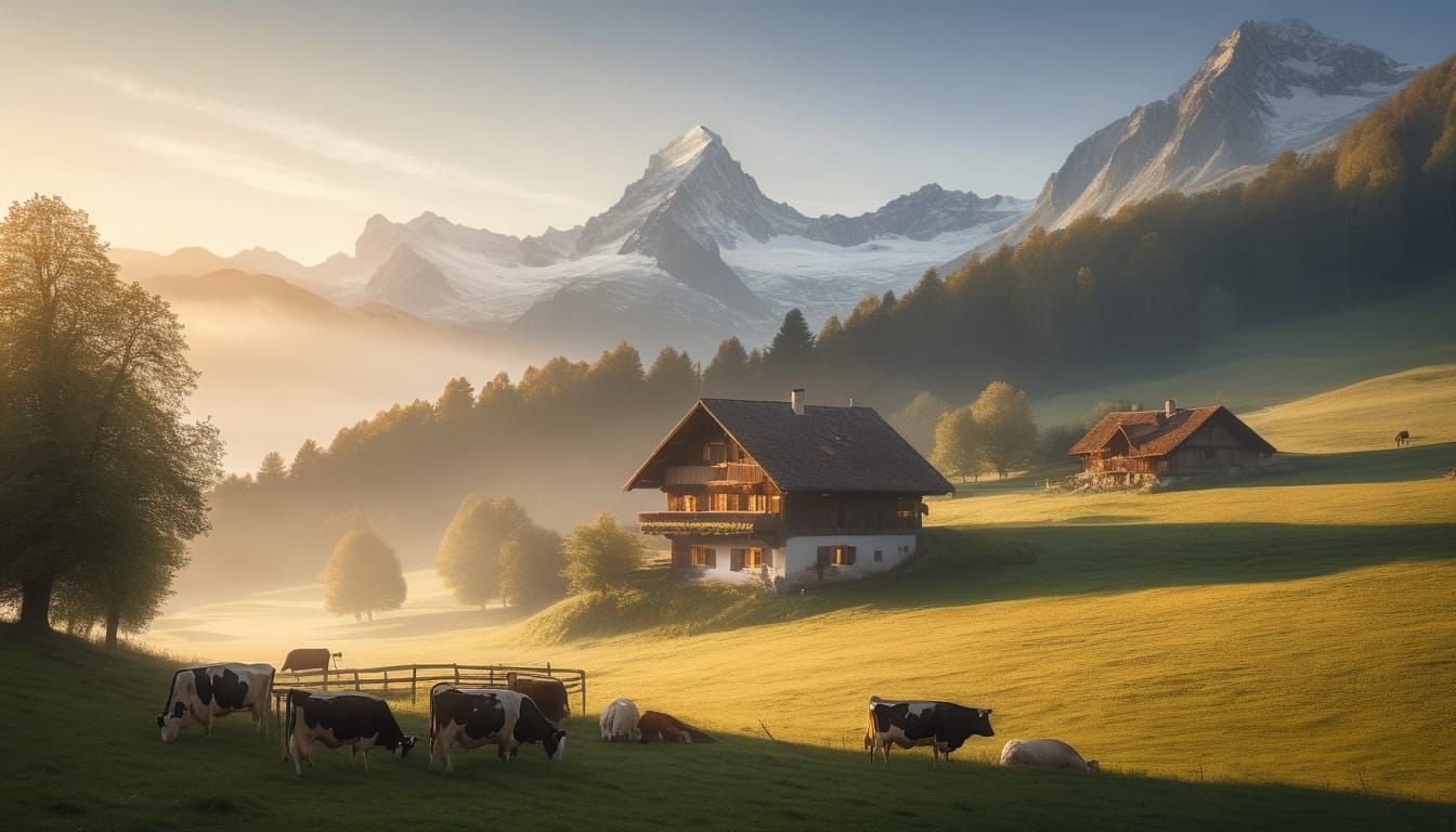 Romantic Chalet Among Grazing Cows in Golden Hour