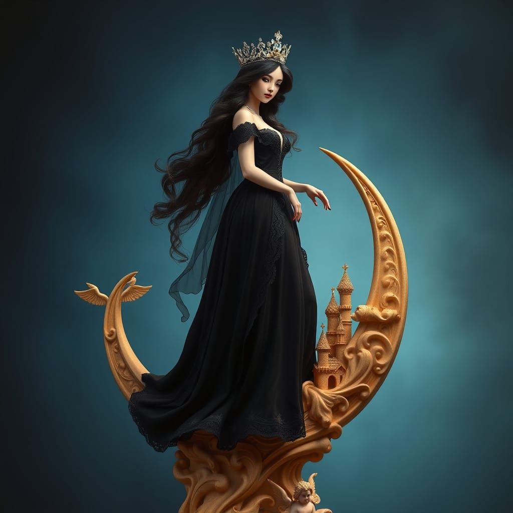 Surreal Princess on Crescent Moon in Romantic Fantasy Style