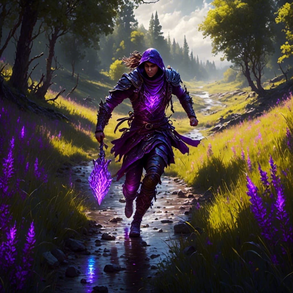 <lora:Inconceivable:1.0> dark fantasy ranger running through lush green grasslands near a river a masterpiece, 8k resolu...