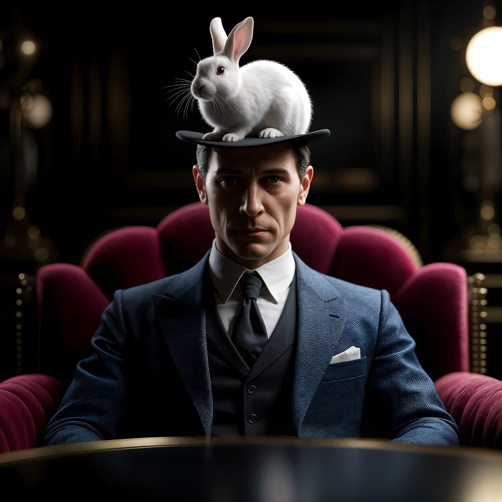 Man with Rabbit in Top Hat, Cinematic Portrait