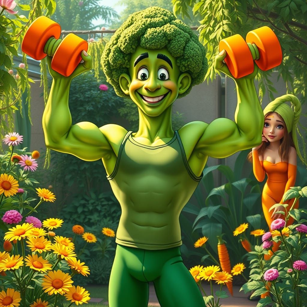 Vibrant Broccoli Lifter in Whimsical Garden Gym