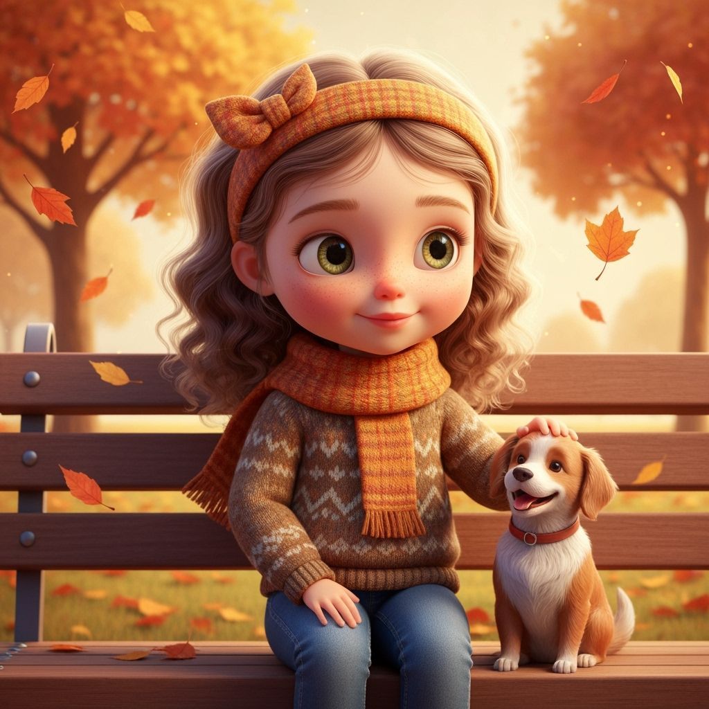 Adorable Girl Petting Dog in Autumn Park