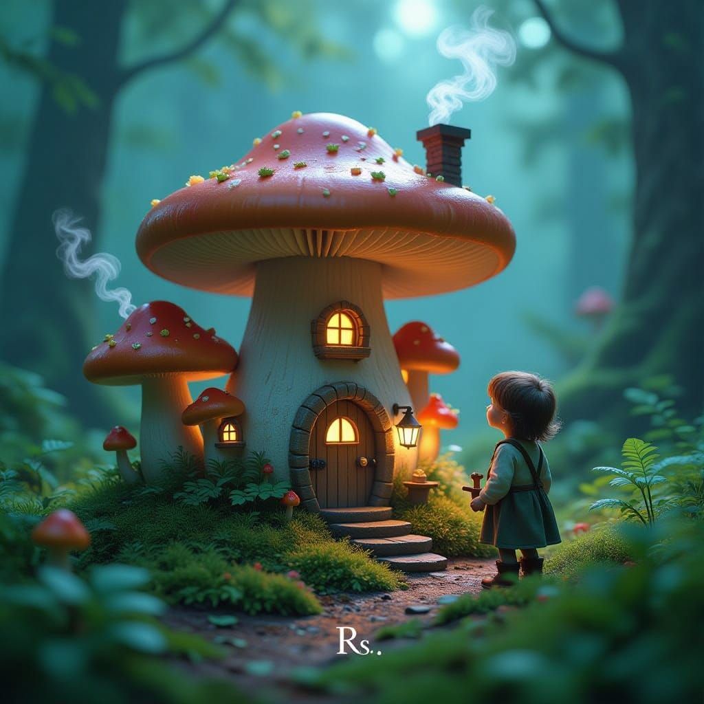 Magical Mushroom Village in Bioluminescent Forest Clearing
