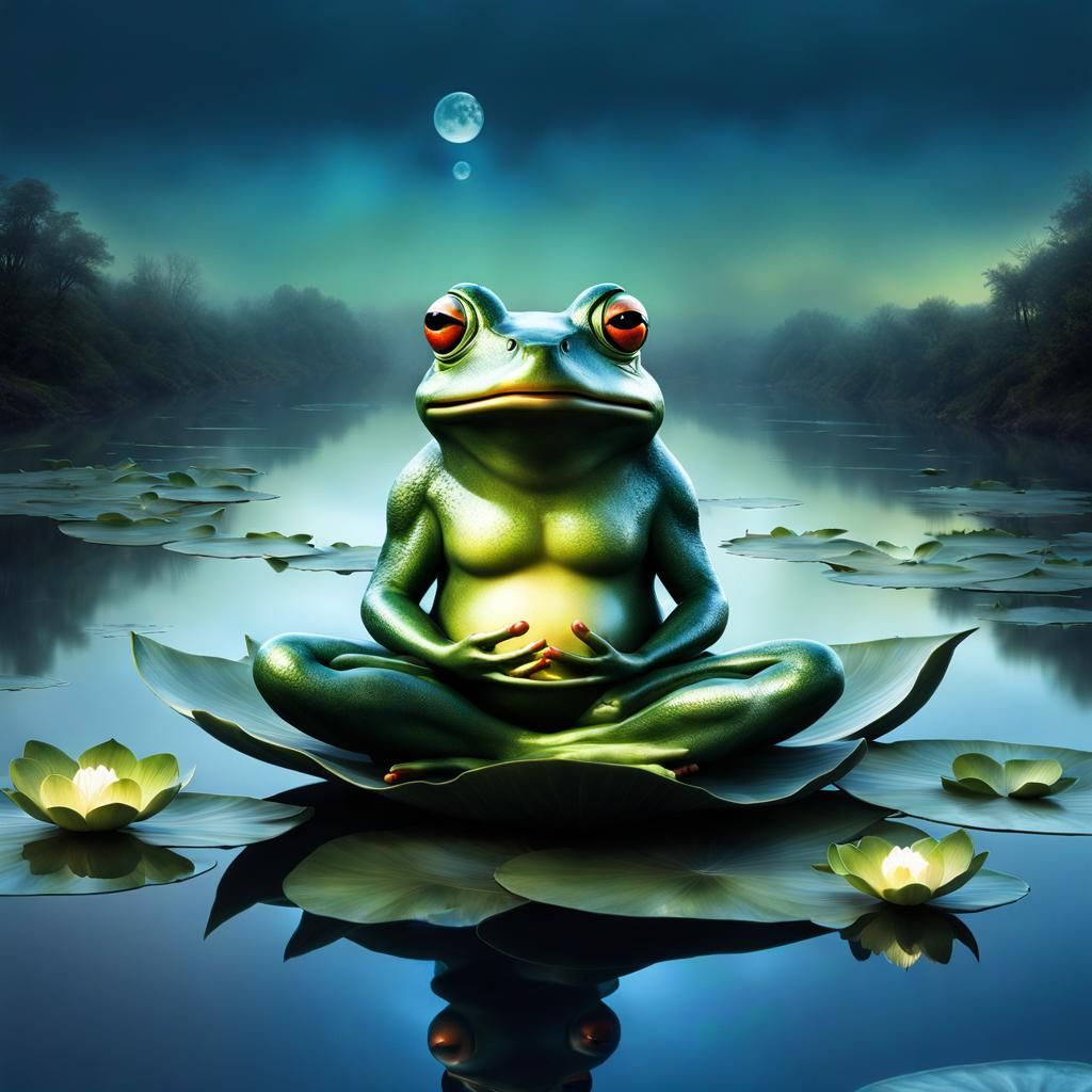 Anthropomorphic Frog in Lotus Position, Surreal Digital Art