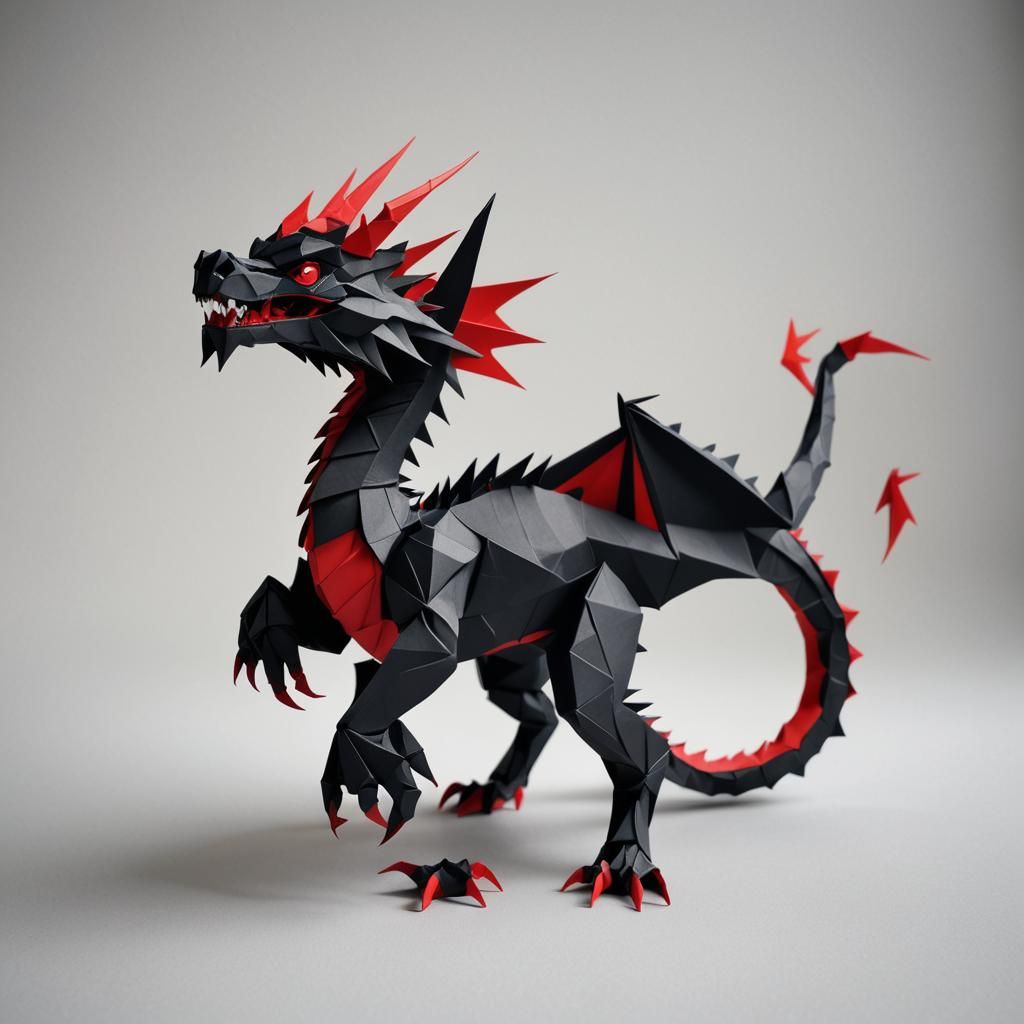 Origami Black Dragon with Red Claws, Papercraft Style