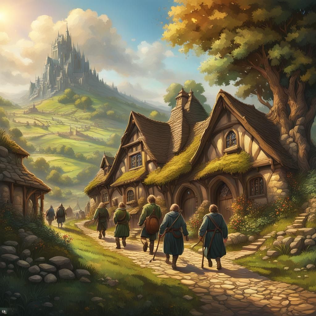 Medieval Shire with Hobbits: Hyperrealistic Concept Art
