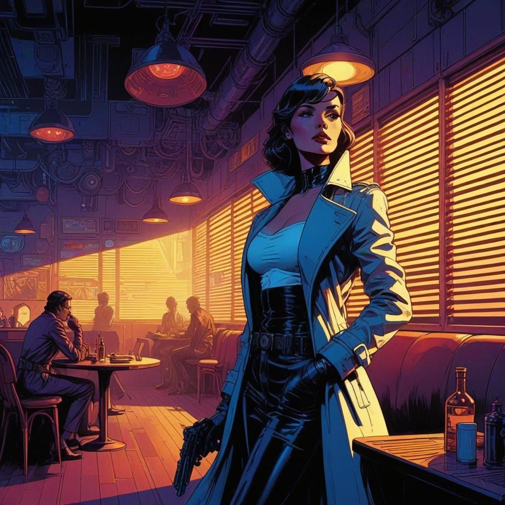 Cyberpunk Detective in Chiaroscuro Cybercafé