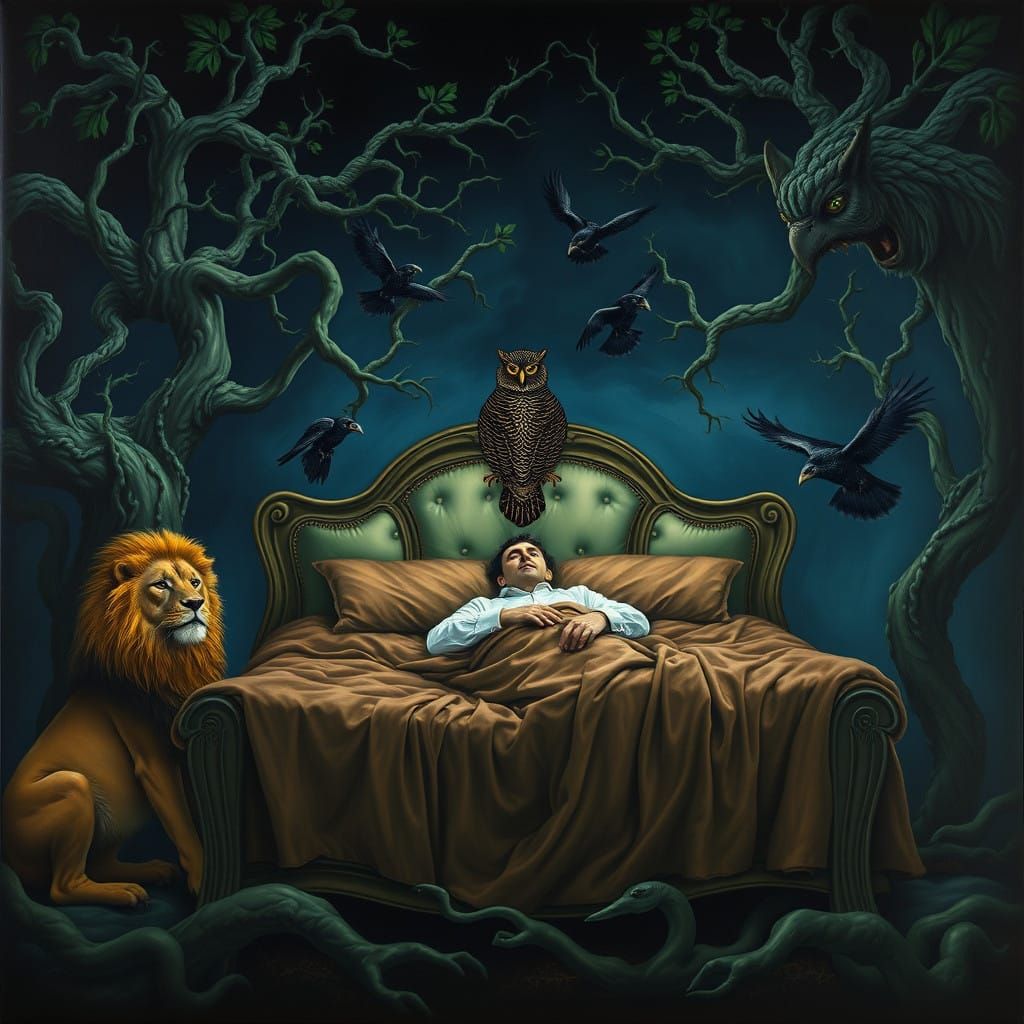 Surrealist Dream of a Man at Rest in a Victorian Bed