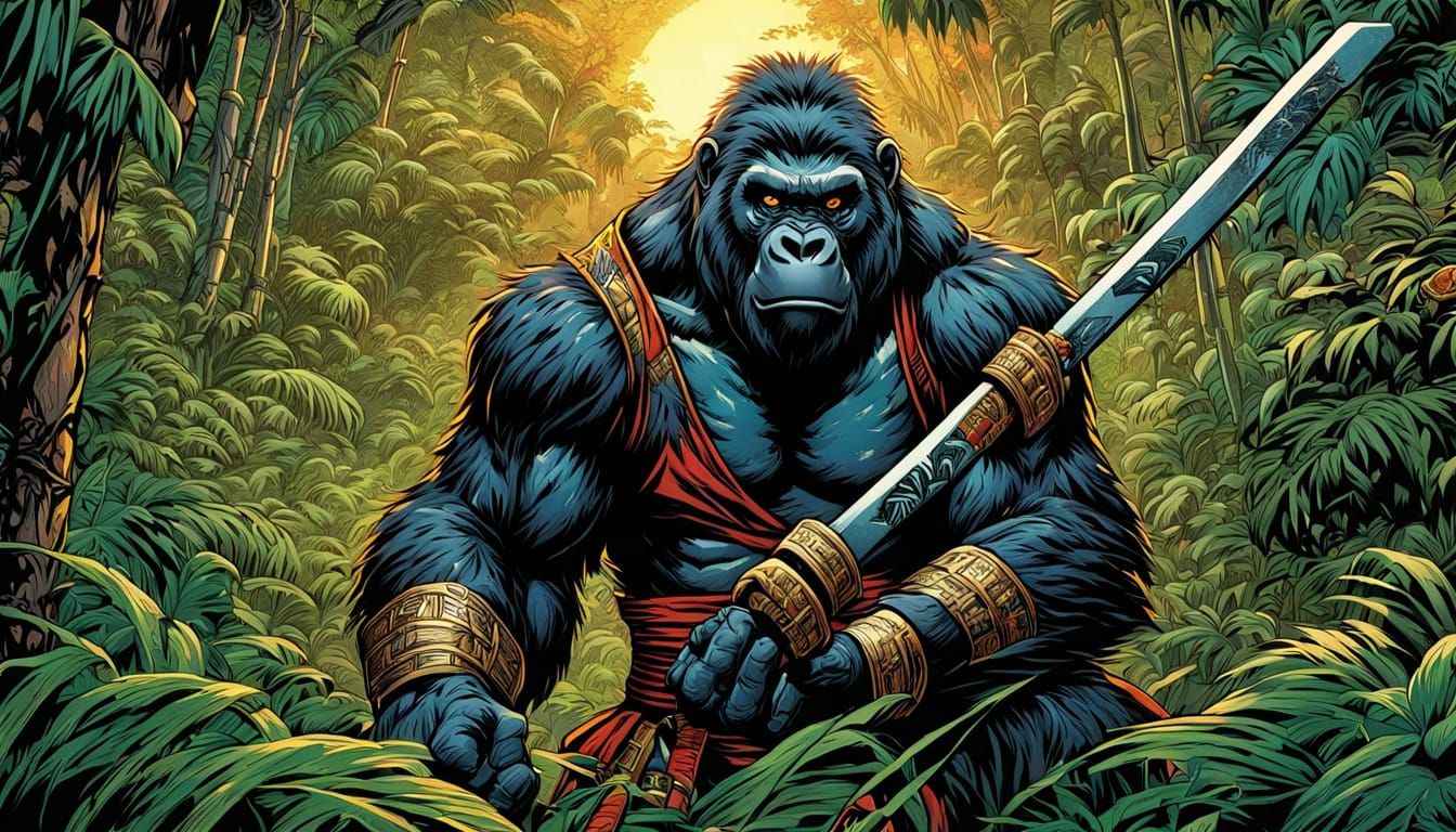 Samurai Gorilla and Tiger Training in Jungle, Comic Book Art