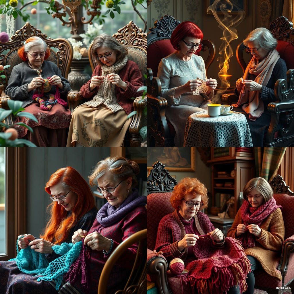 Matte Painting of Two Elderly Ladies Crocheting in Harmony