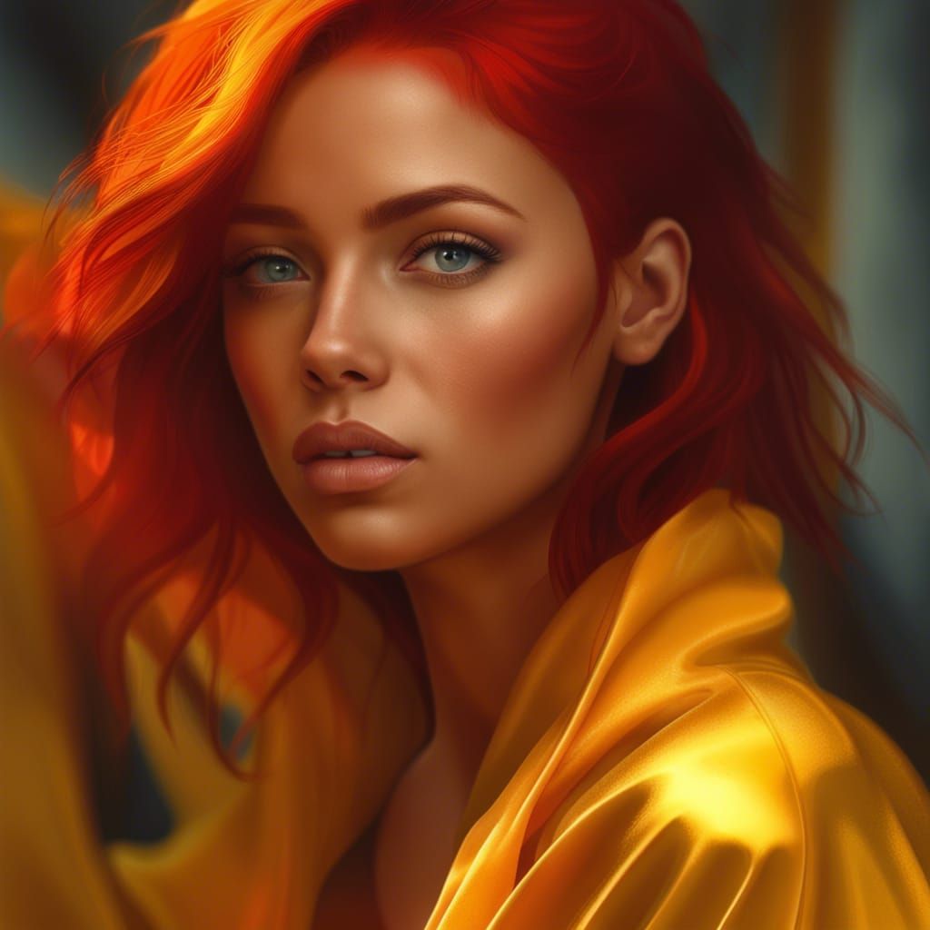 Red-Haired Woman in Yellow Robe: Ultra Realistic Photo