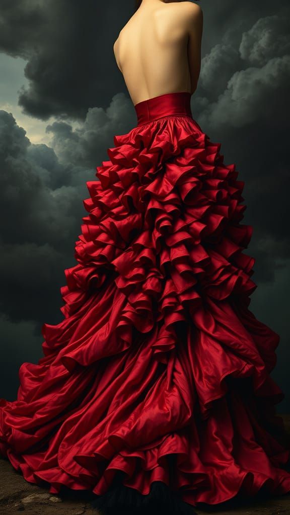 Majestic Red and Black Ruffled Skirt Against Dark Stormy Ski...