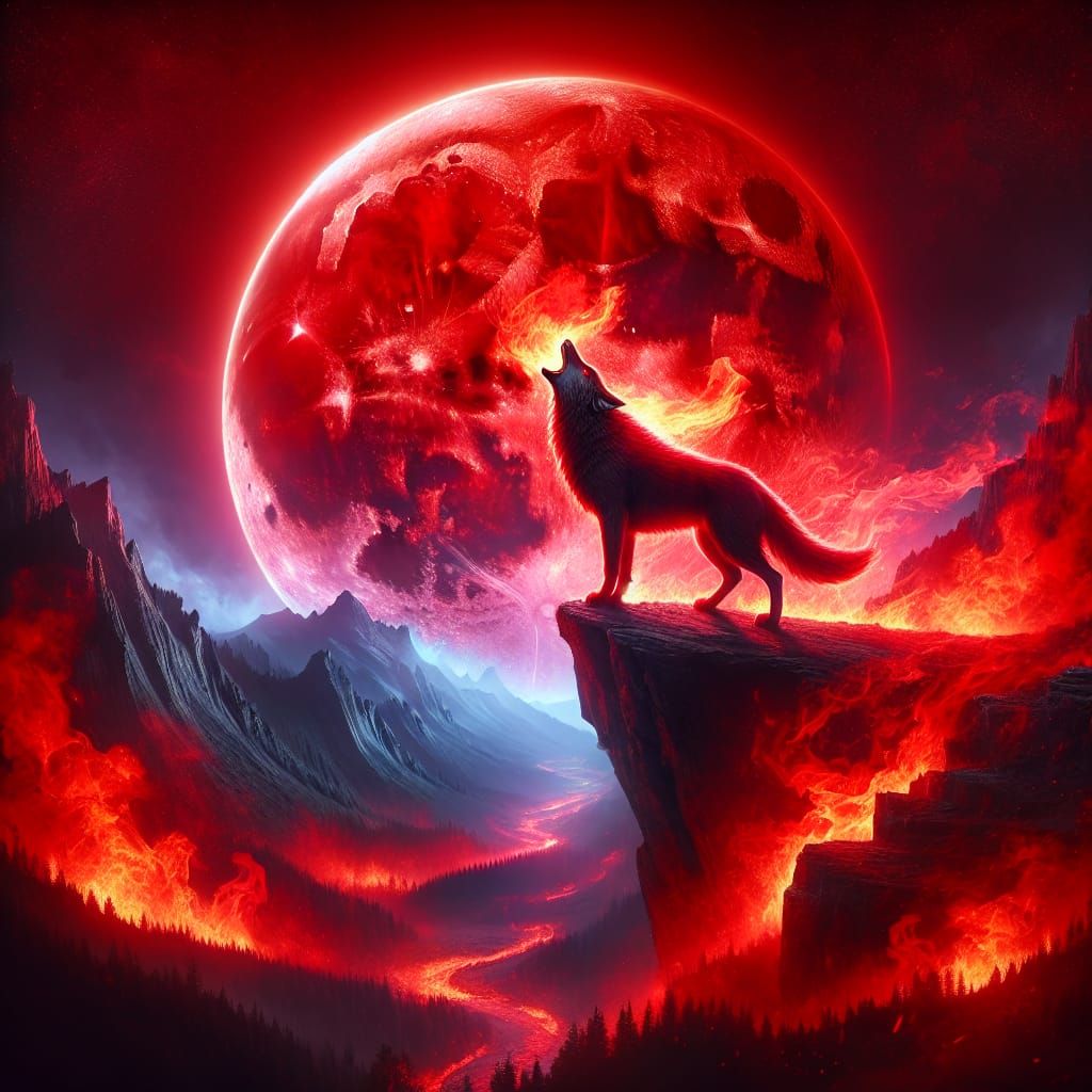 Crimson Wolf Howling at Blood Moon in Flames