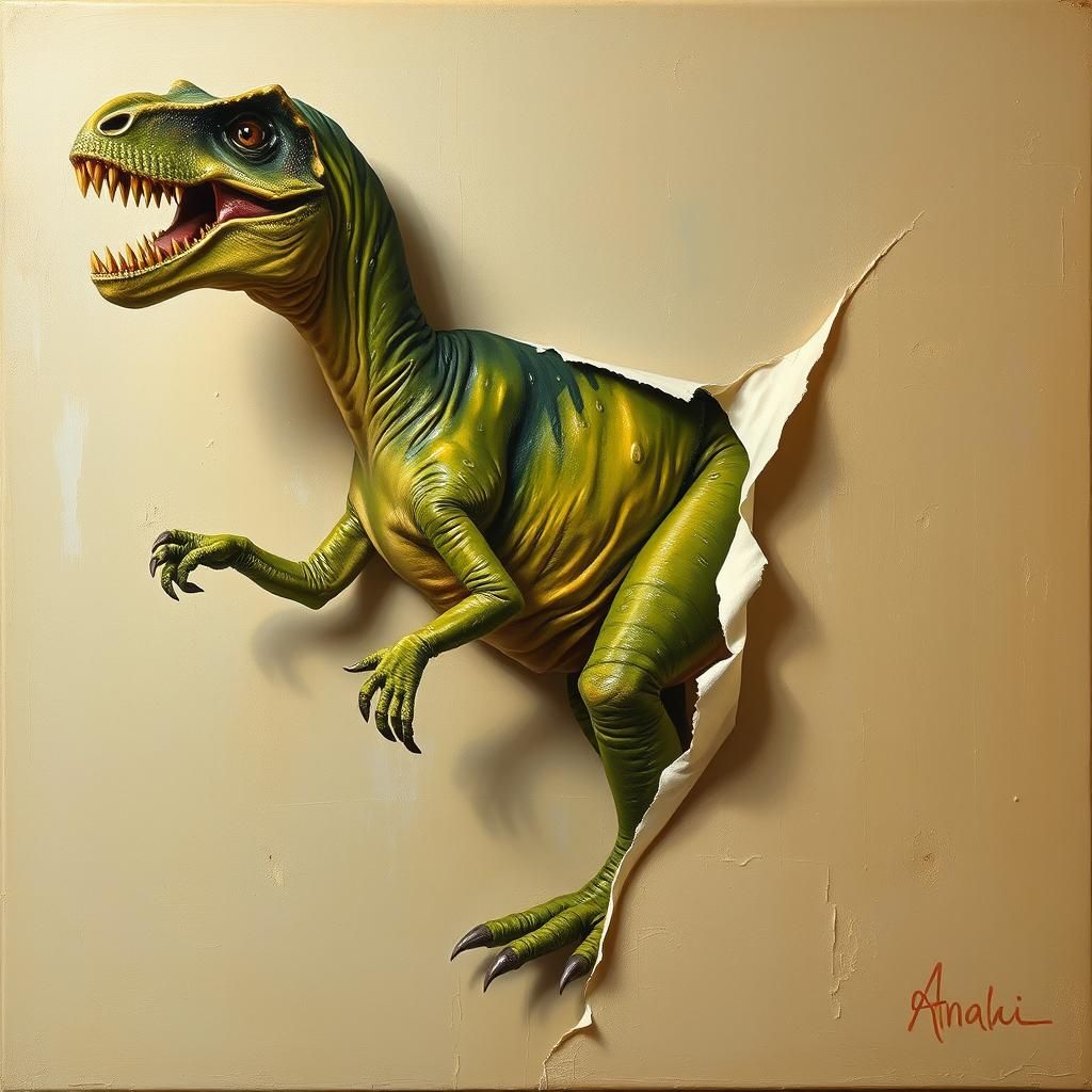 Dinosaur Emerges from Painting: A Surreal Scene