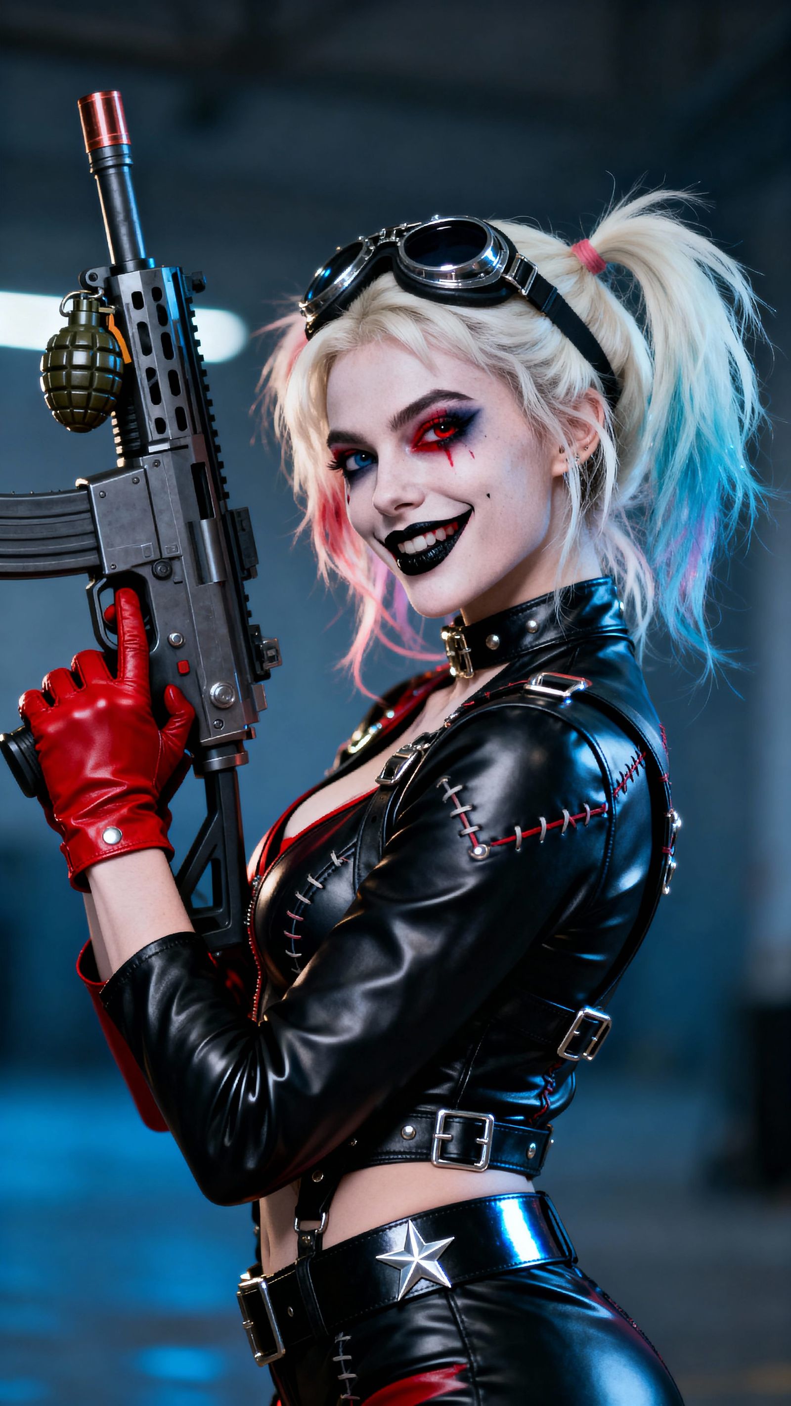 Harley Quinn in Crimson Leather Armor, Hyper Realistic