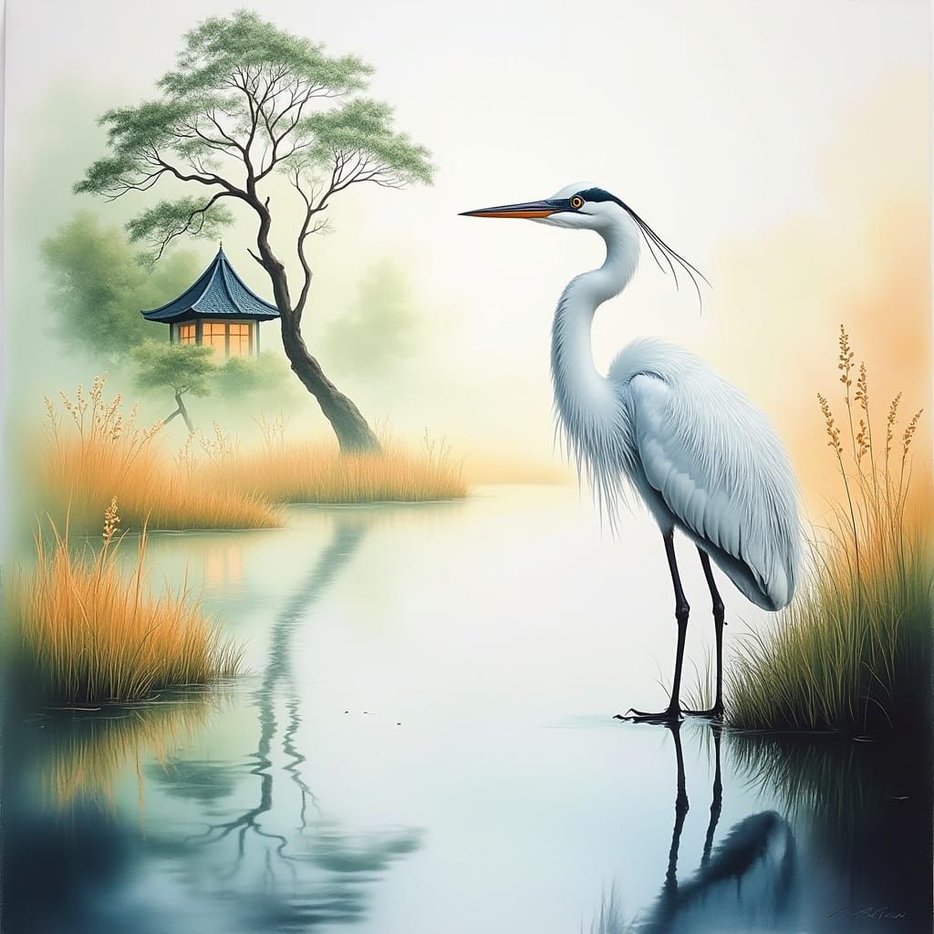 Elegant Egret in Serene Wetland Landscape