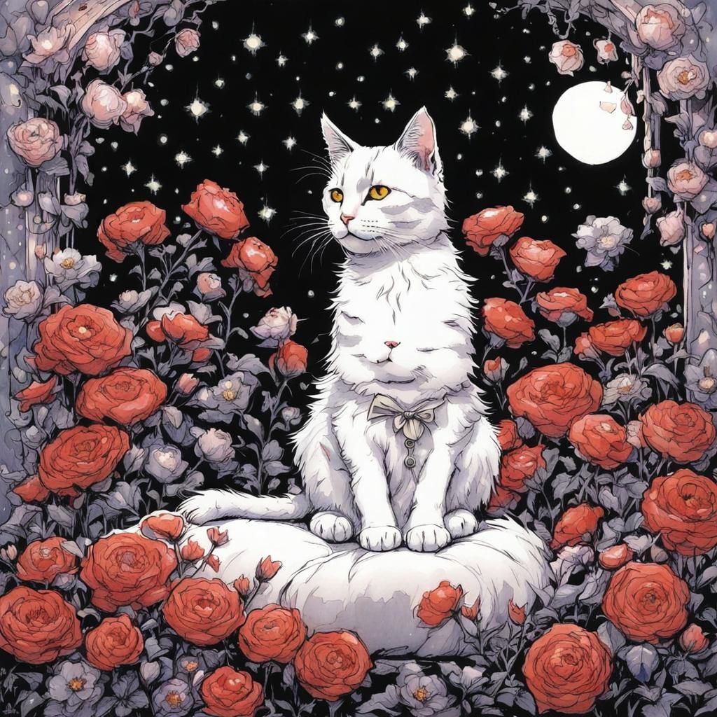 Cute Cat Surrounded by Flowers in Quirky Comic Style