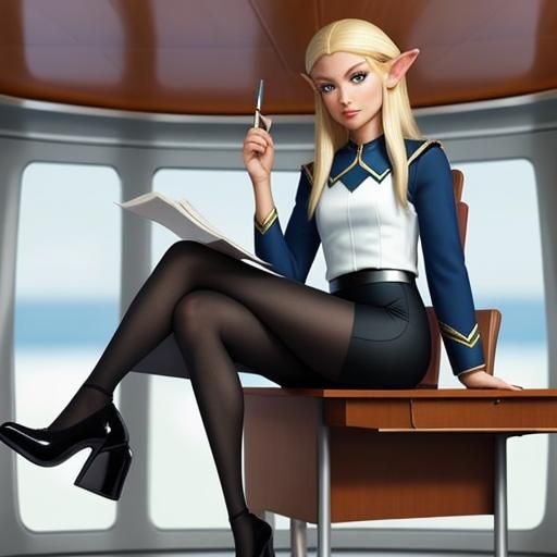 Elf Cruise Captain in Pencil Skirt at Desk