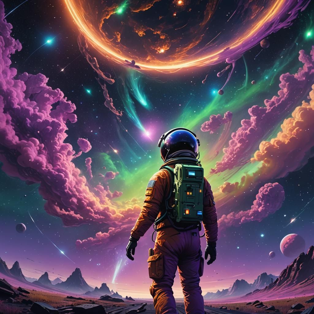 Astronaut in Space Amidst Swirling Galaxies