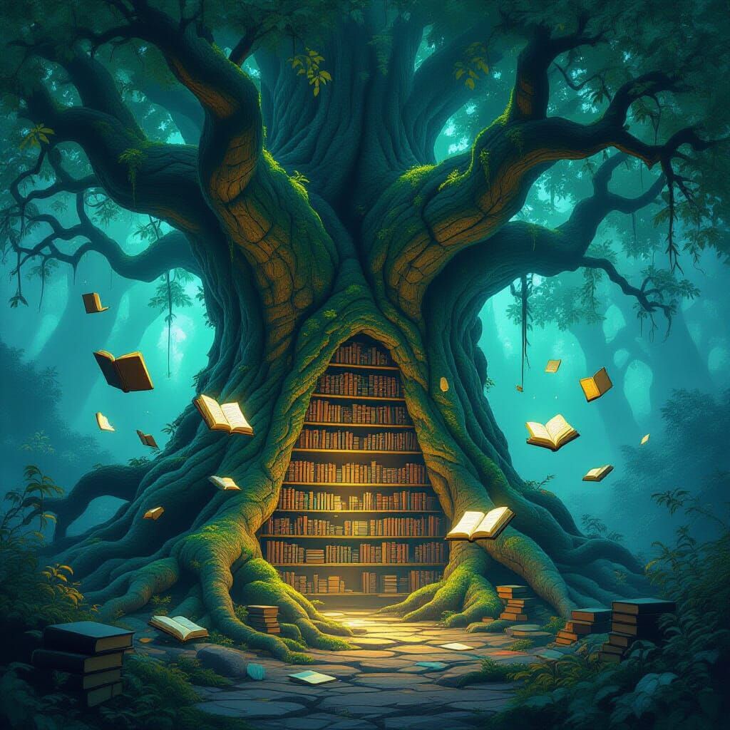 Hidden Tree Library with Floating Books in Fantasy Art