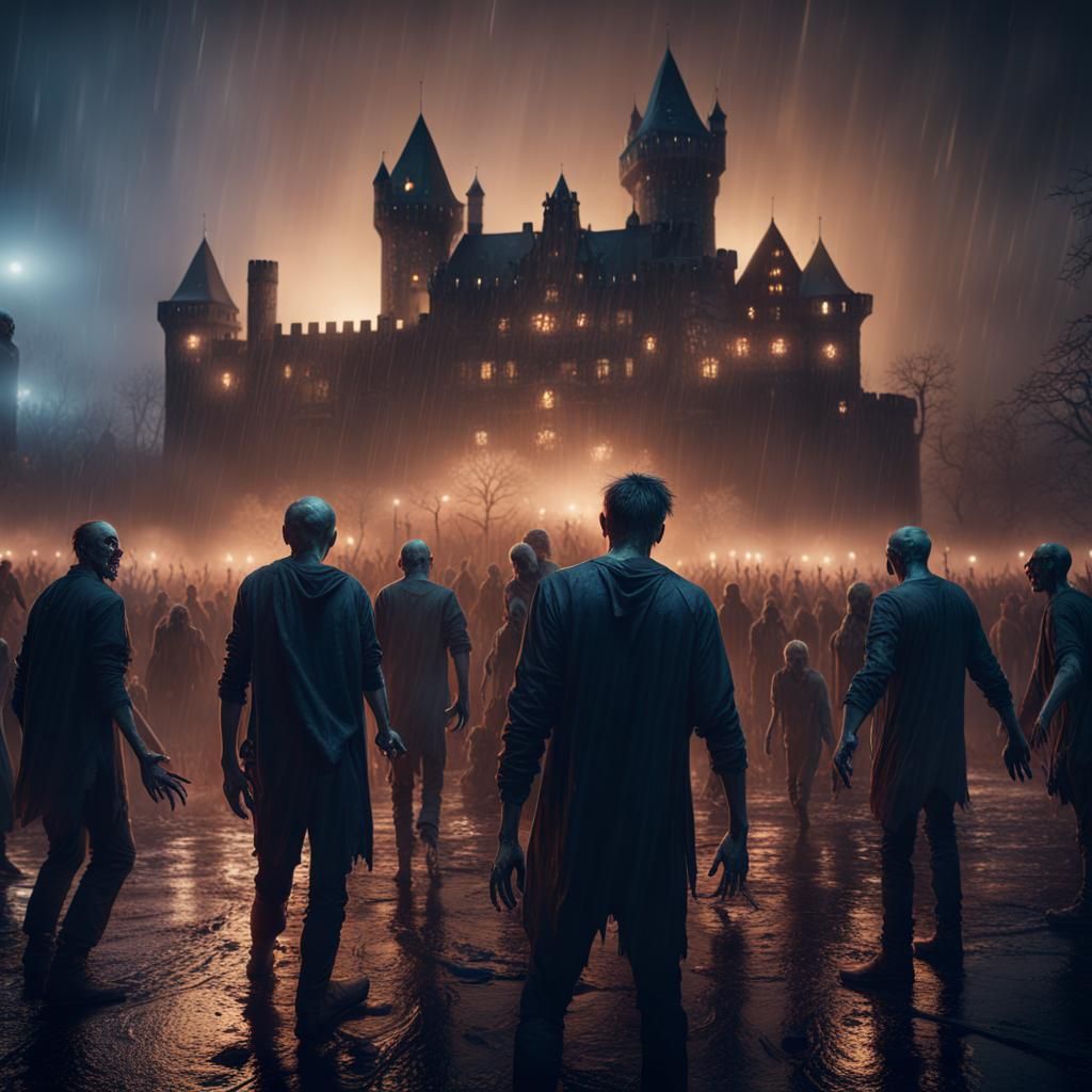 Zombies in Concert at Haunted Castle: Detailed Digital Paint...