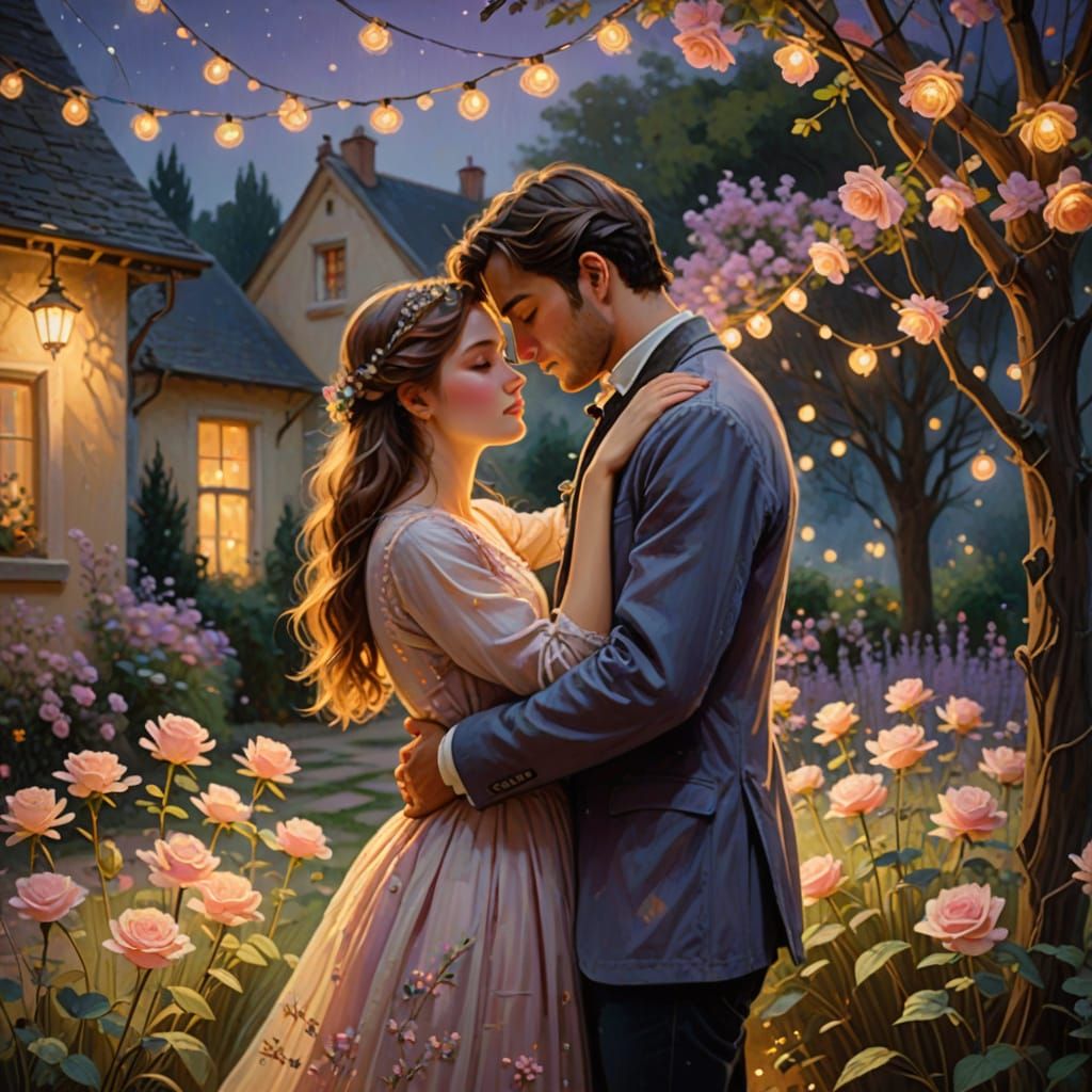 Moonlit Garden Romance in Soft Impressionist Style