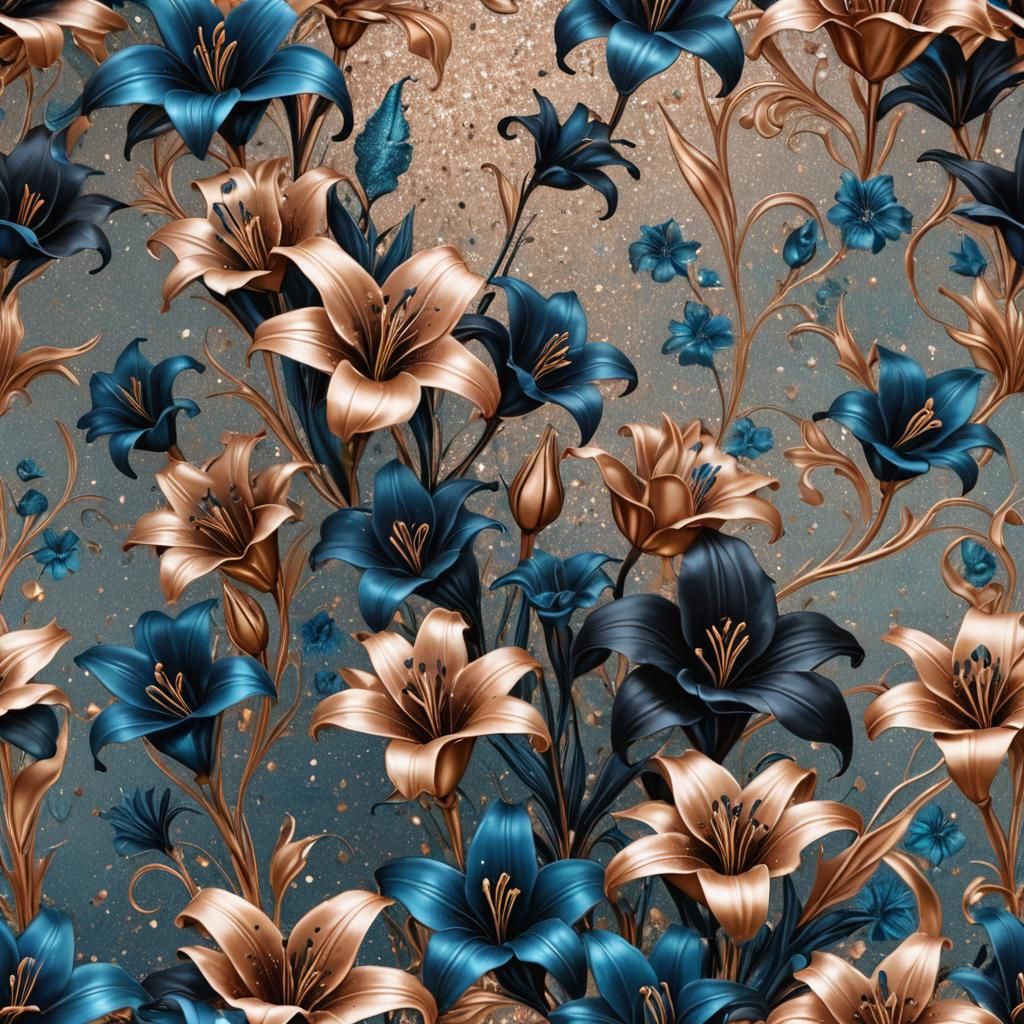 Blue and Black Lilies on Rose Gold Surface