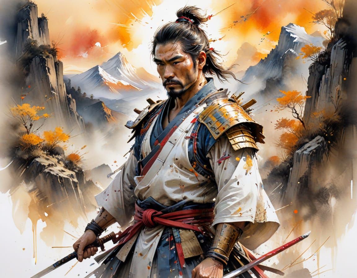 Samurai General at Mountain Stronghold in Watercolour