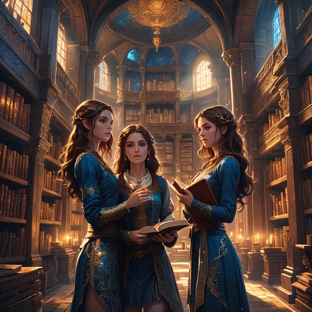 Mystical Library: Two Girls with Books, Matte Painting