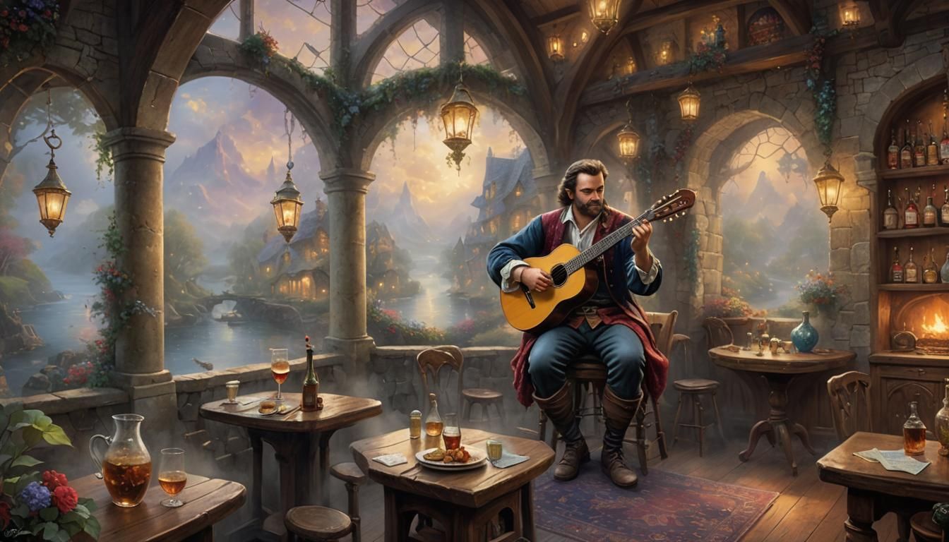 Ethereal Bard Plays Lute in Misty Bar