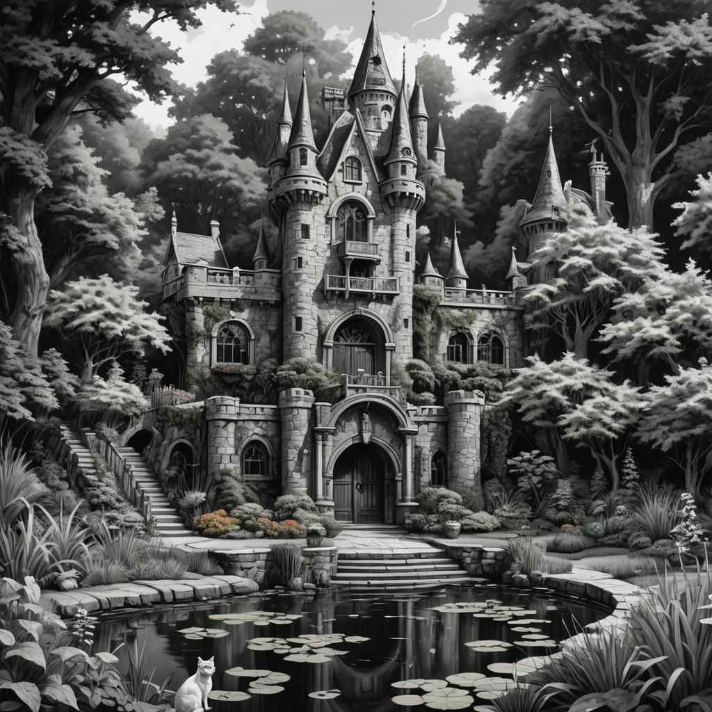 Sinister Castle with Garden of Cats: Hyperrealistic Art
