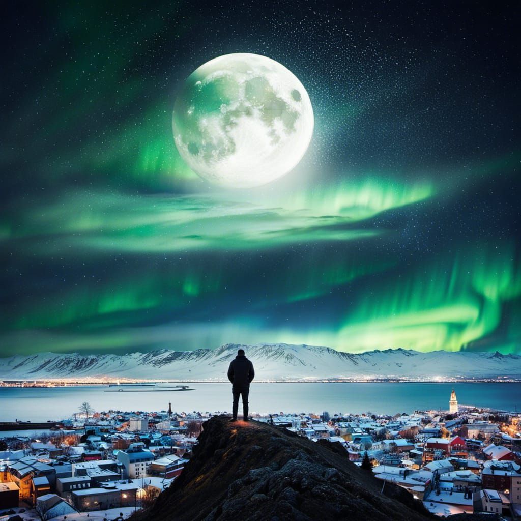 Reykjavik Aurora Borealis Under Moonlight, Romanticism Art