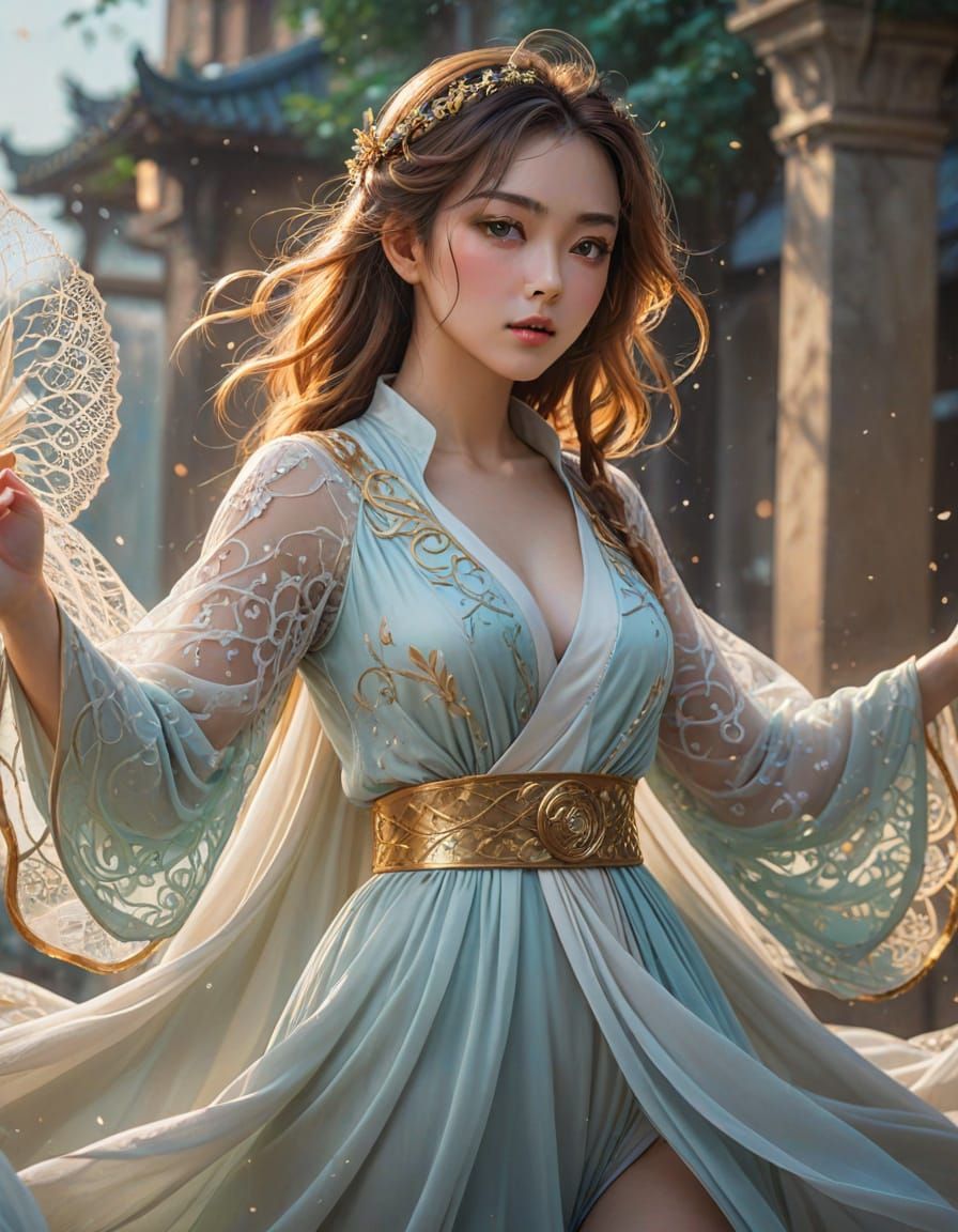 Heroic Anime Woman in Dreamlike Setting