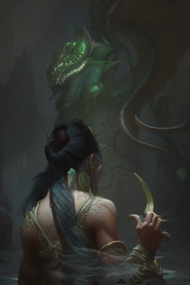 Wizard Battles Yuan-Ti in Dark Fantasy Style