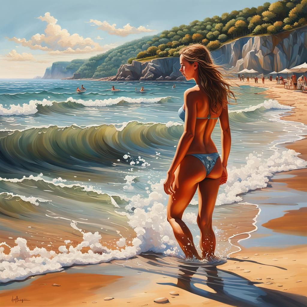 Hyperrealistic Beach Scene with Woman in Thong