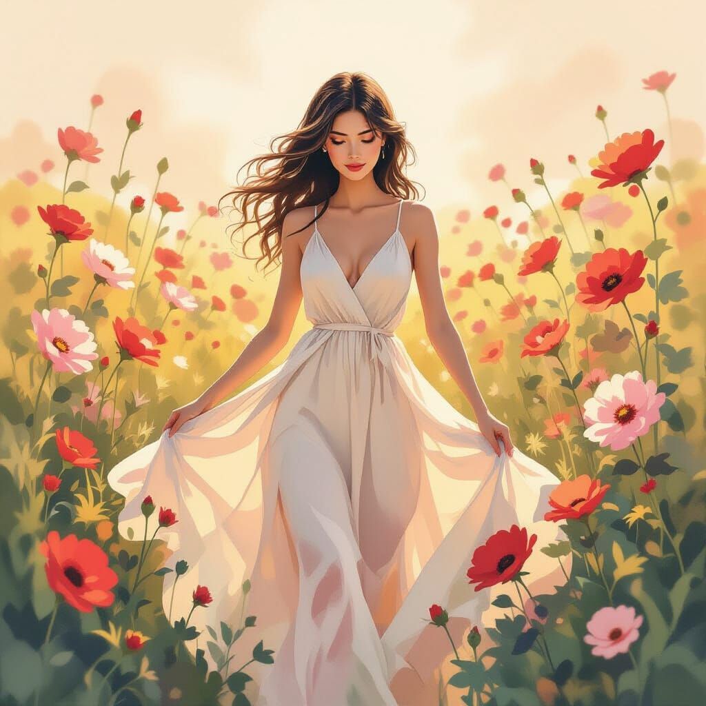 Woman in Sundress Surrounded by Flowers as Ink Wash Painting