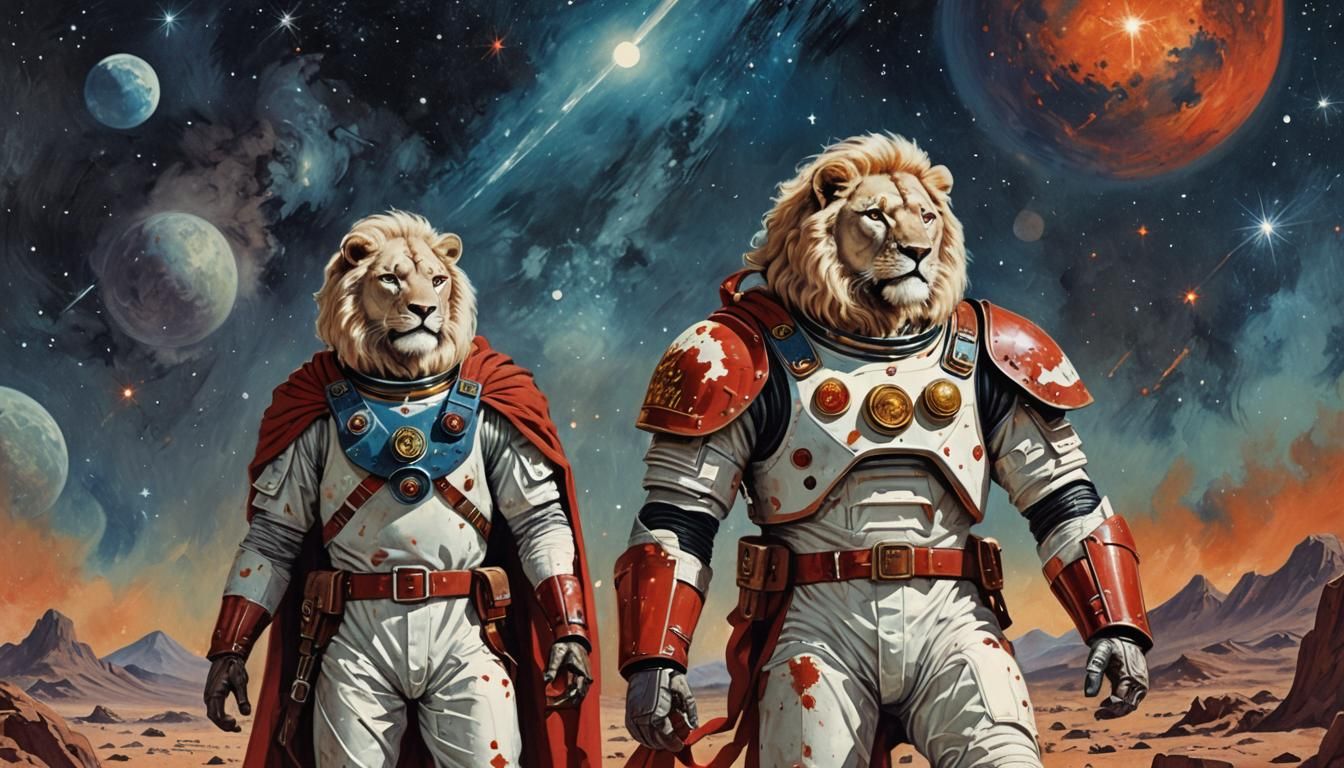 Roman Centurion and Lion in Retro Sci-Fi Style