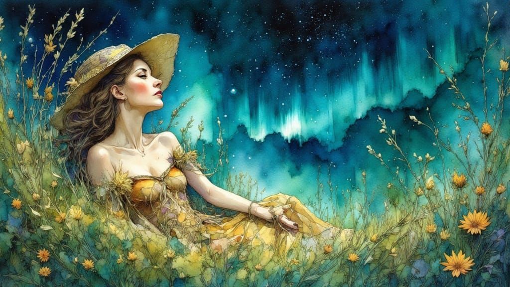whimsical illustration: a painting of a fairy girl lying down peacefully amongst soft grasses & wildflowers: looking up ...