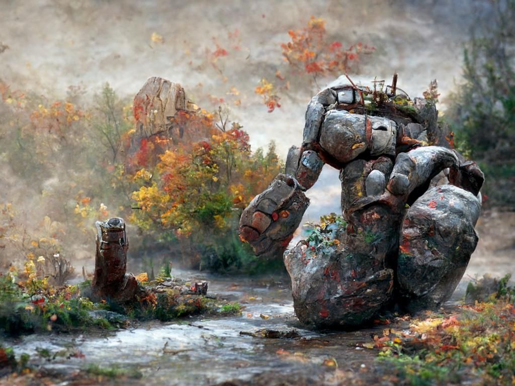 Robot Hand in Autumn Landscape, Luminist Painting