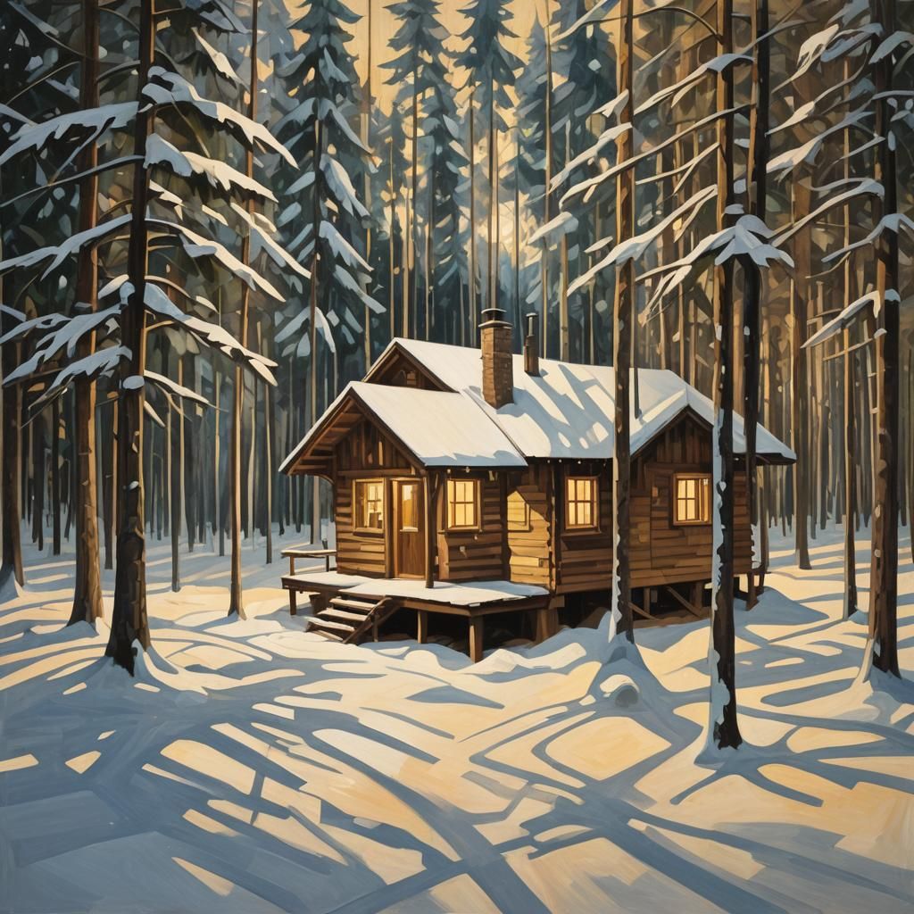Cubist Cabin in Moonlit Forest