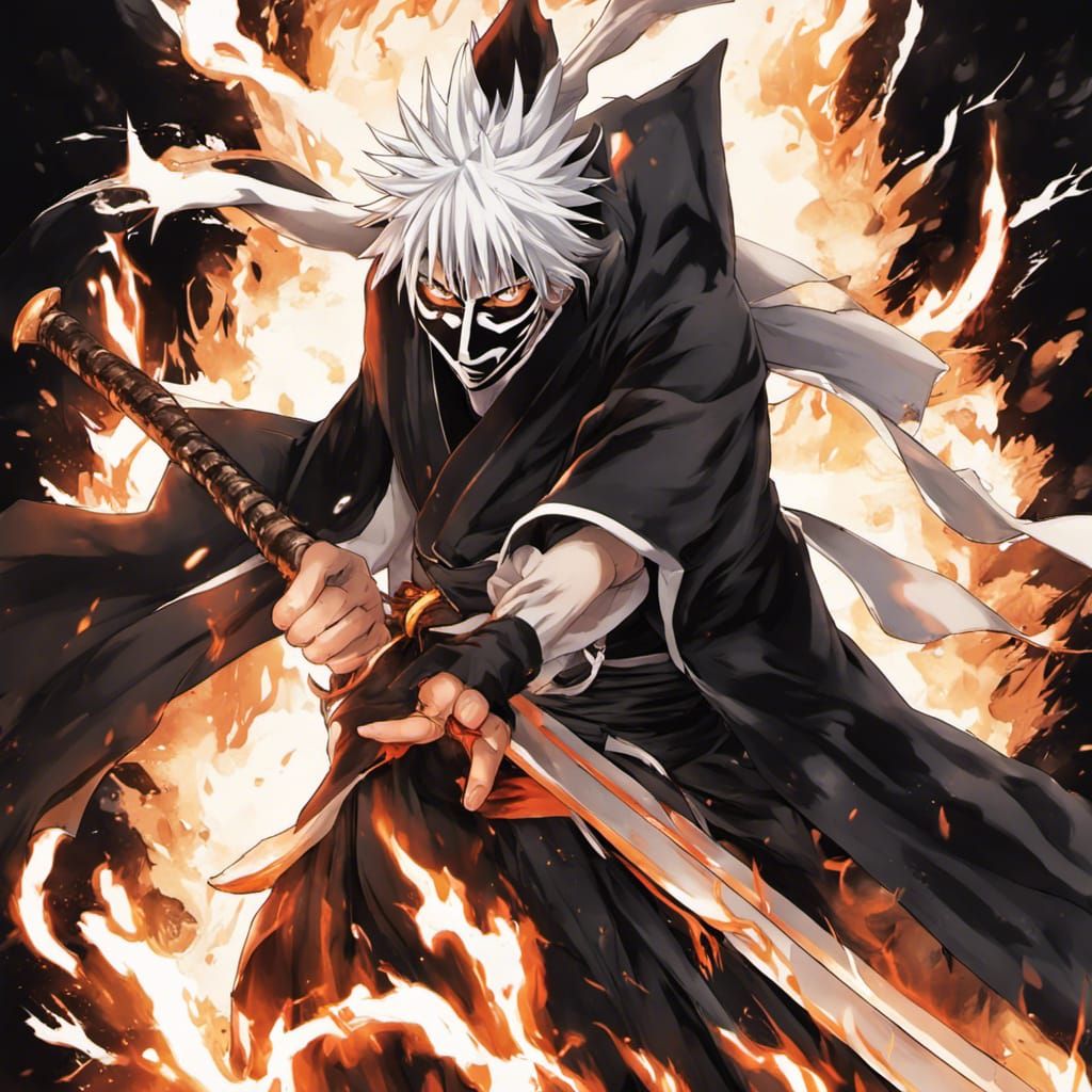 Ichigo Hollow Mask Anime Warrior with Black Flames