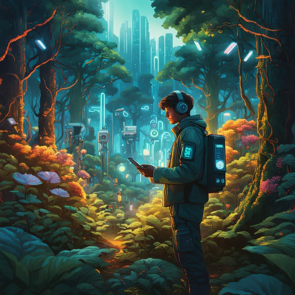 Futuristic Forest Harmony: Tech and Nature Blend
