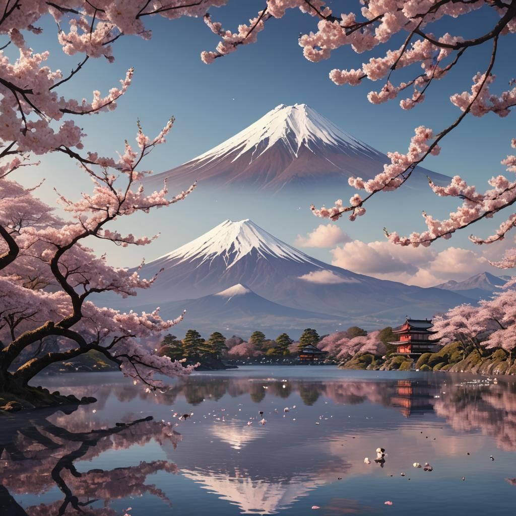 Mount Fuji and Cherry Blossoms: Fantasy Landscape