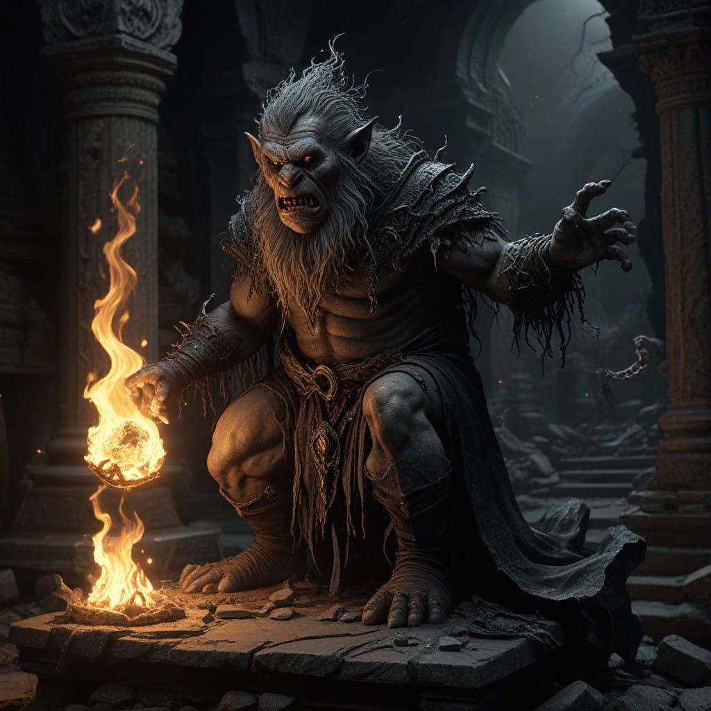 Dark Fantasy Dwarf Troll Wizard Summons Blazing Fireball