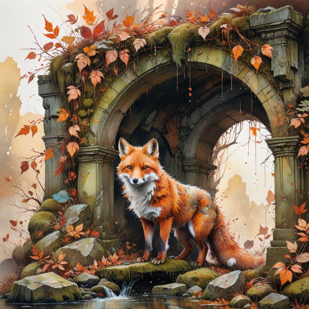 Highland Ruin at Twilight: Watercolor and Digital Fusion